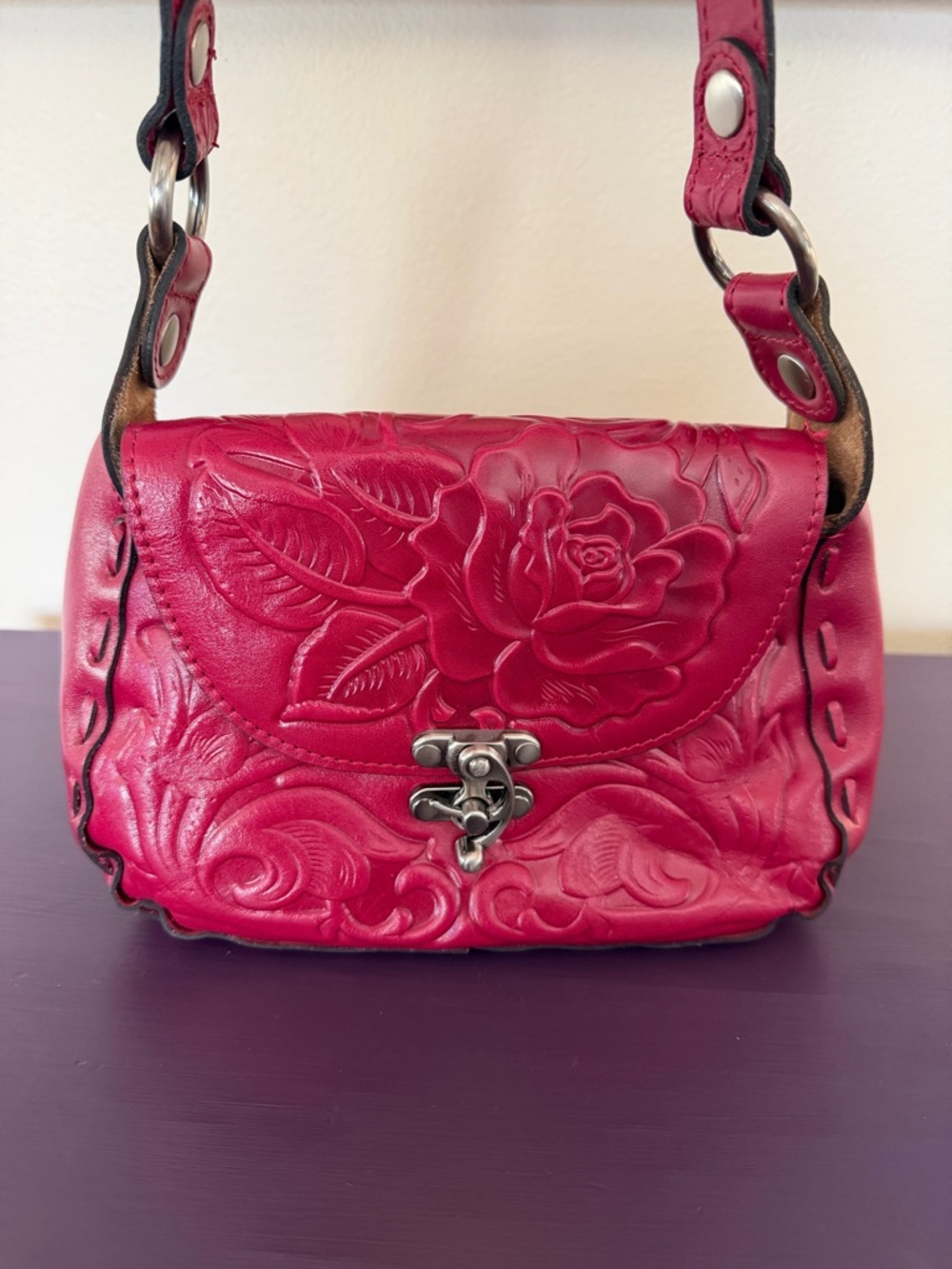 Patricia Nash Like New Deep Pink or Reddish Embossed Leather Shoulder Bag